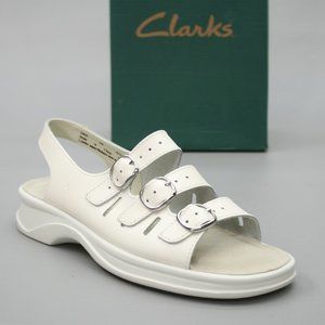 Clarks Ladies 6 W Wide White Sunbeat Springers Leather 3-Buckle Sandals - 33036
